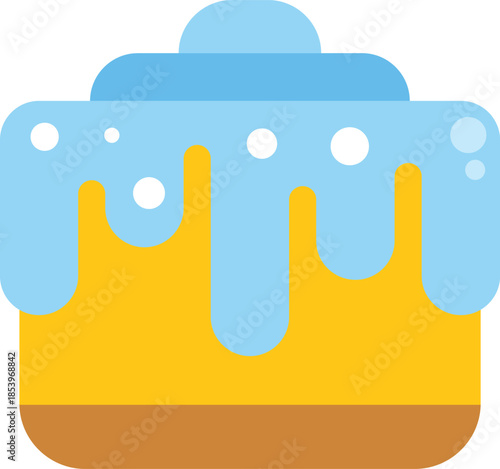 Square cake with light blue icing dripping on a yellow base, simple flat design, isolated on white background