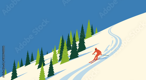 Skier Descending Snowy Slope