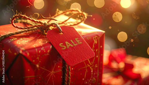 Red Gift Box with sale Tag Amidst Festive Bokeh Lights