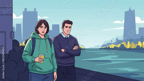 Young man and woman standing together outdoors.