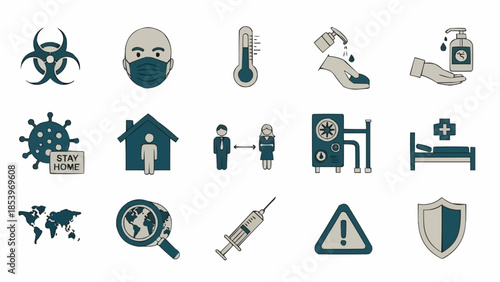 Collection of Coronavirus Pandemic Icons and Symbols Representing Health and Safety Measures.