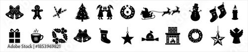 Black silhouette icon set with Christmas theme, festive holiday atmosphere, clean flat style and strong contrast. Perfect for Christmas design, greeting cards, decorations, branding, posters, and seas