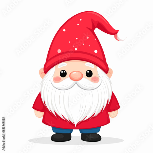 Adorable Cartoon Gnome Character Illustration with a Big White Beard and Red Hat, Standing with a Friendly Expression, Perfect for Festive Holiday and Whimsical Designs
