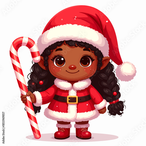 Cute little black girl dressed as Santa's elf holding a candy cane, perfect for Christmas illustrations and holiday designs