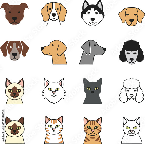 Large set of minimalist flat vector portraits featuring various dog and cat breeds including husky poodle siamese and golden retriever for pet care branding and veterinary logos.