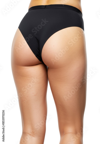 Female lower body, rear view, comparing left buttock with cellulite and stretch marks to smooth right buttock, wearing black thong, white studio background, concept of body transformation