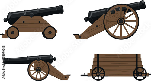 Historical Cannon Artillery Illustration Vector Set Featuring Wooden Carriages, Old Military Weapons, Medieval Warfare Equipment and Classic Siege Gun Designs