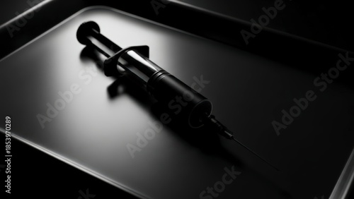 Dark and moody close-up of a syringe on a black tray, highlighting medical themes and serious implications.