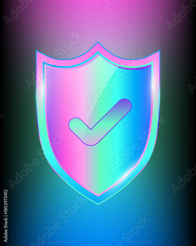 Check mark, Rainbow shield Realistic shiny trophy with tick icon protection emblem, Approved Label shiny royal award. vector design illustration on gradient background