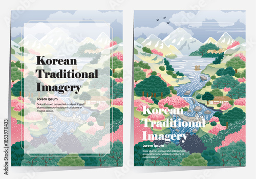 Beautiful Traditional Korean Art Landscape Template Set Vector Illustration, KoreanArt Style