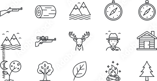 Outdoor Adventure and Nature Line Icon Set Featuring Camping, Hiking, Hunting, Wildlife, Forest Elements and Exploration Lifestyle Symbols