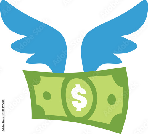 Banknote with wings flying away representing losing money, expenses, investment, or financial freedom