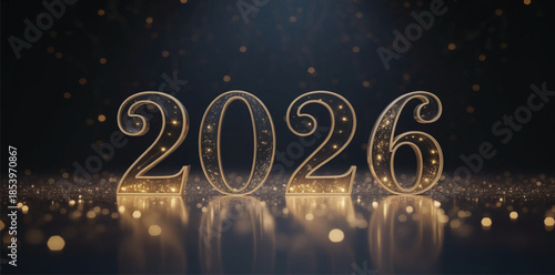ew Year celebration background with luxurious golden numbers glowing on a deep black background, soft light rays, sparkling particles, elegant festive atmosphere, premium holiday design