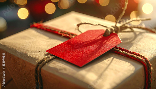 Festive Gift Box with Red Tag and Bokeh Lights