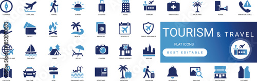 Modern tourism adventure solid icon set featuring mountain camping trip, beach holiday vacation, travel passport ticket, and hotel booking editable vector icons.