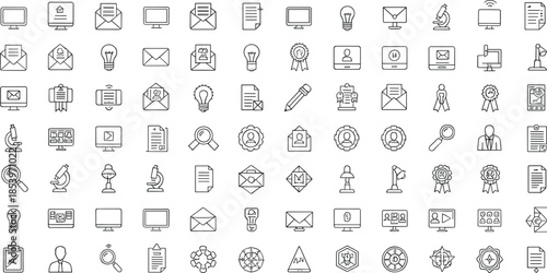 Business and Communication Line Icon Mega Set Featuring Office Tools, Technology Symbols, Email, Documents, Analytics and Professional Workflow Elements