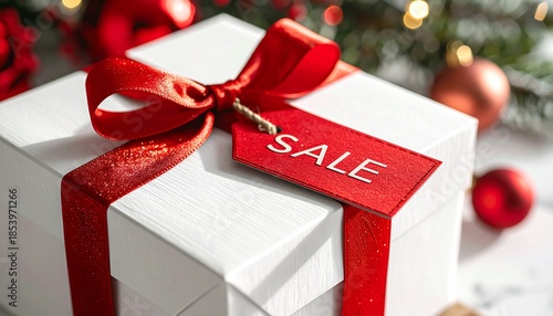 White Gift Box with Red Ribbon and sale Tag for Holiday Shopping