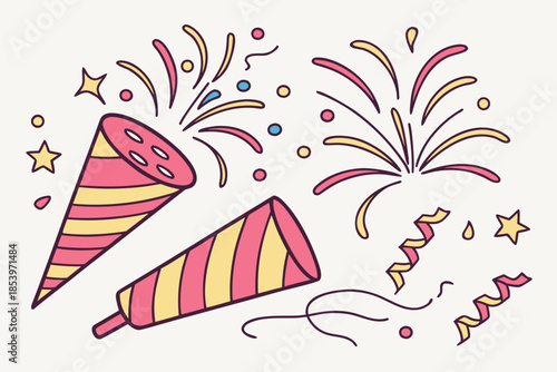 Vibrant party horns with colorful fireworks and confetti celebrating