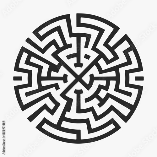 Interlocking geometric labyrinth motif design. The maze is not very complex, but it is still challenging to navigate.