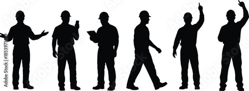 Construction worker silhouette set illustration, industrial labor men poses, engineer and builder activities, safety helmet workers, black silhouette collection, workforce concept design