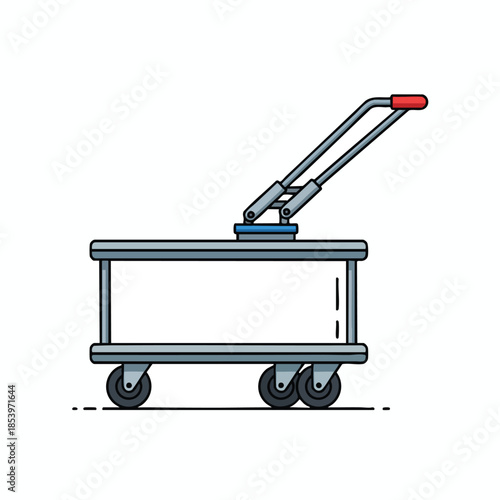 A cart graphic with a red handle and four wheels. White background