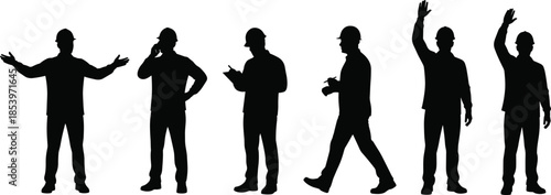 Construction workers silhouette set wearing helmets, industrial labor poses including communication, inspection and signaling, workforce safety and engineering