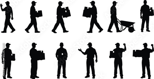 Delivery worker silhouette set illustration, courier and logistics labor poses, box carrying men, warehouse transport activities, black vector people collection design
