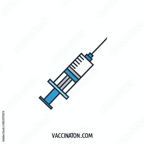 A graphic depiction of a medical syringe with blue and gray accents, set at an angle