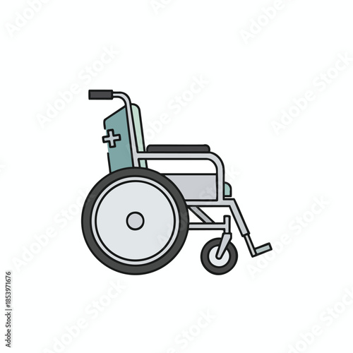 Vector illustration of a wheelchair, featuring large wheels and a back with a cross