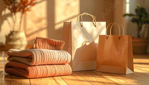 Folded Striped Knitwear and Paper Shopping Bags on Wooden Floor