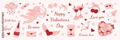 Cupid, hearts, love quotes, champagne glasses, bows and decorative symbols. Valentine’s Day greeting banner.