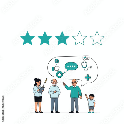 Medical consultation with a doctor and patients, with a young boy present