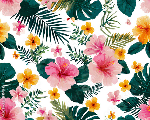 Seamless flat textile pattern of very small tropical flowers and foliage on a clean white canvas