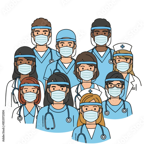 Group of diverse medical professionals wearing masks and shields