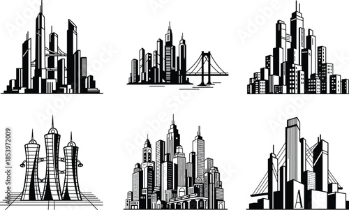 Modern city skyline silhouette set illustration, urban skyscrapers and bridges, futuristic downtown architecture, metropolitan skyline icons, black and white vector cityscape collection