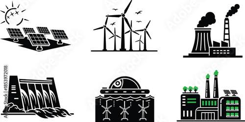 Renewable and industrial energy power plants silhouette set, solar wind hydro nuclear stations, electricity generation icons, sustainable and traditional energy concept illustration