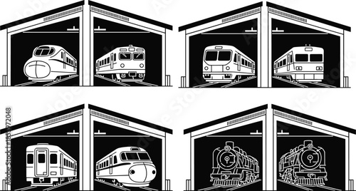 Train depot silhouette set featuring modern, commuter and steam locomotives inside railway sheds, rail transport infrastructure and maintenance facilities isolated on white background