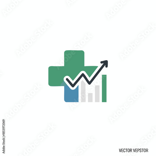 Vector illustration of a green cross, graph, and bars. White background