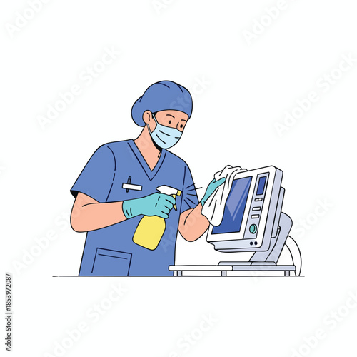Medical worker in blue scrubs cleaning a monitor screen with spray bottle and cloth