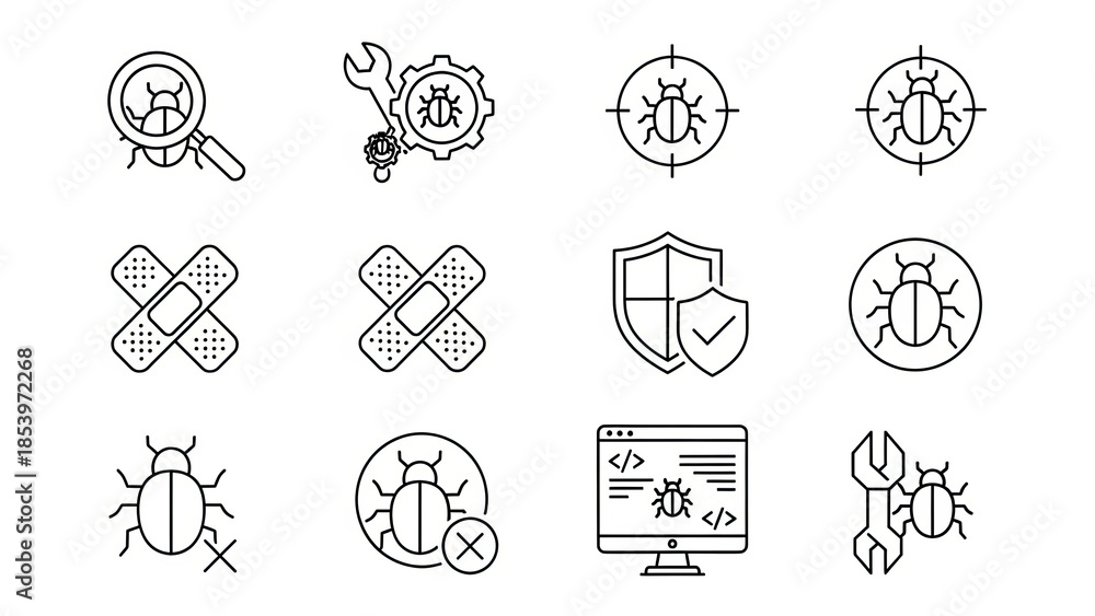 Fototapeta premium Bug Fixing Icons: Debugging, Security, Repair, Code, Software Development
