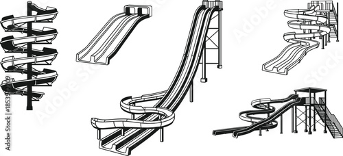 Water park slide collection illustration, vector line art waterslides, playground and amusement park attractions, summer recreation structures, monochrome water slide design set