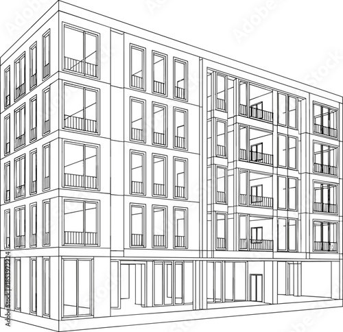 Modern apartment building line drawing illustration, architectural residential facade outline, multi storey housing vector design, urban real estate development, minimal construction blueprint style