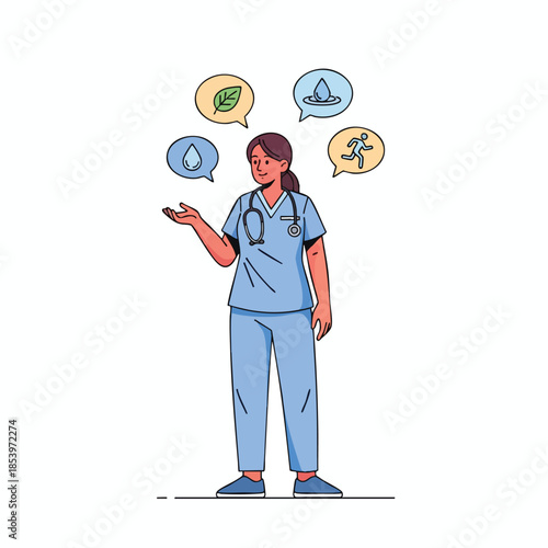 A medical professional in scrubs gestures towards health symbols
