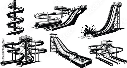 Water park slide illustration collection, vector line art waterslides, amusement park attractions, summer recreation structures, aqua park rides, monochrome water slide design set