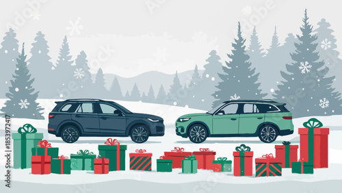 Two SUVs surrounded by Christmas gifts in snowy landscape
