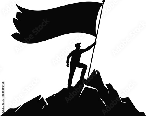 Detailed Black Silhouette Illustration of a Hiker Standing on a Rugged Mountain Peak Holding a Large Waving Victory Flag for Motivational Branding.