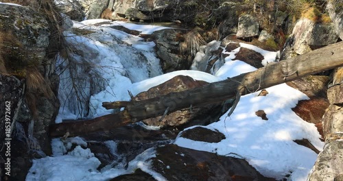 Wallpaper Mural Icy stream tumbles over rocks in this winter scene. A fallen log spans the creek, adding to the scene's charm. Nature at its finest, year-round. High Tatras National Park, Slovakia, Europe. Torontodigital.ca