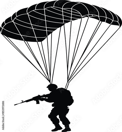 Detailed Black Silhouette Illustration of a Military Paratrooper Descending with a Flat Canopy Parachute and Carrying a Tactical Rifle for Defense Branding.
