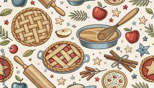 Seamless pattern featuring homemade apple pies, baking tools, fresh apples, and cinnamon sticks on a light background