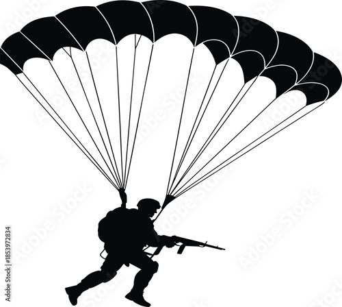 Detailed Black Silhouette Illustration of a Military Paratrooper Descending Under a Wide Canopy Parachute While Carrying a Tactical Rifle.